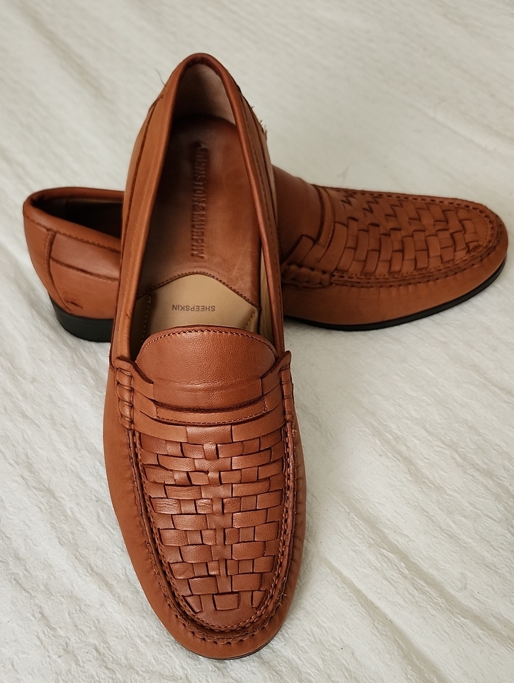 Johnston & Murphy Woven Leather Penny Loafers - Cognac Brown